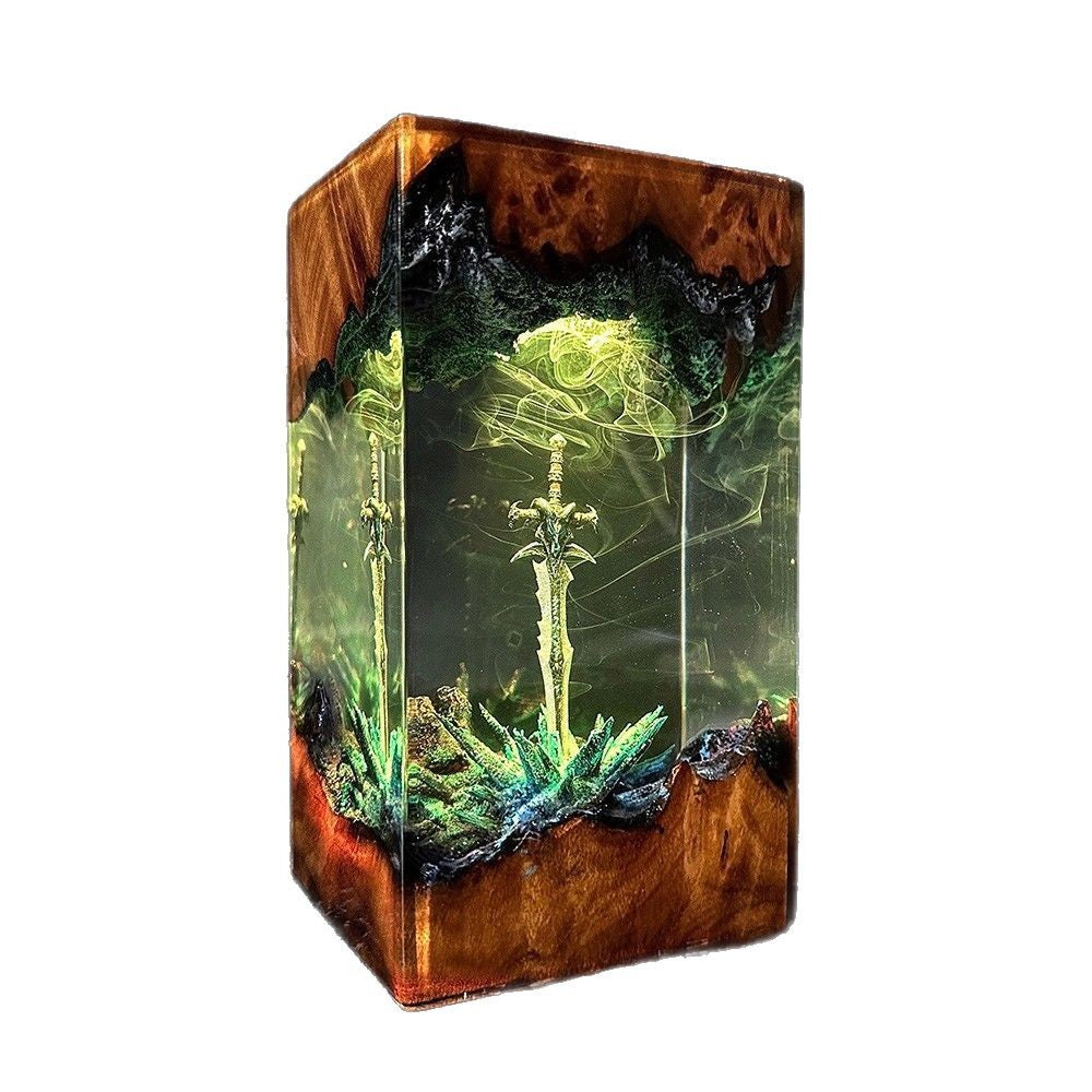 Runeblade — Enchanted Sword Resin Night Light — hand-poured resin lamp glowing on a wood base