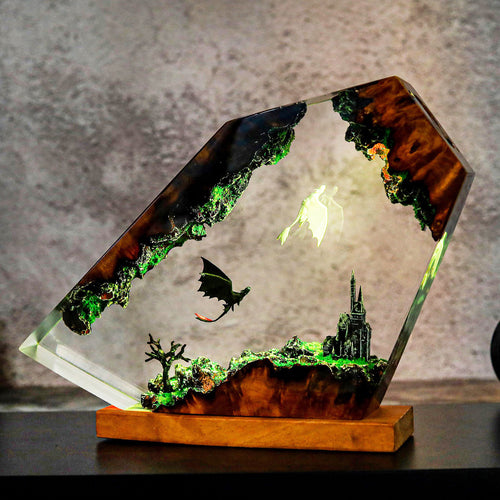 Bohème — Dragon Resin Night Light — hand-poured resin lamp glowing on a wood base