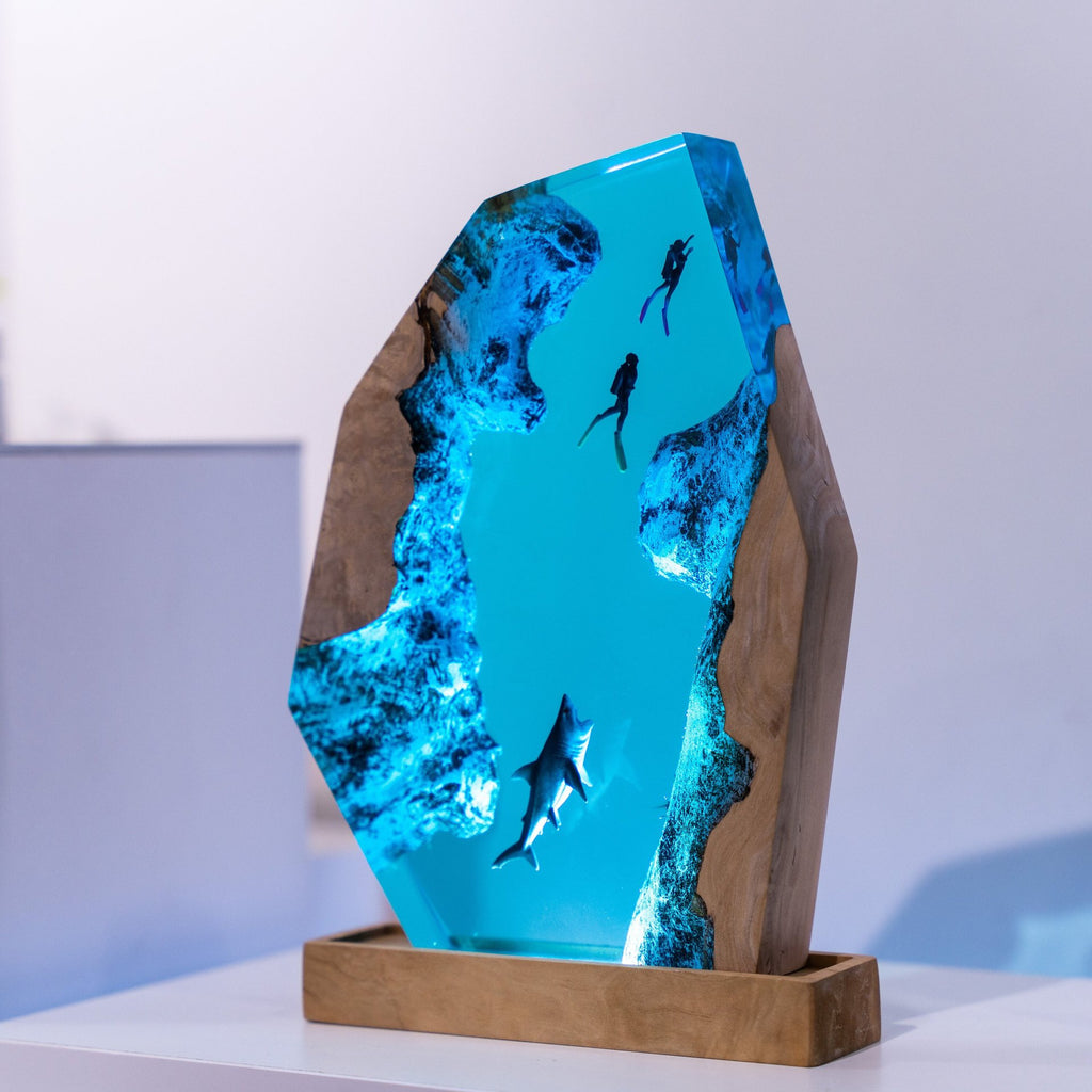 Tidepool — Ocean Diver Resin & Wood Night Light — hand-poured resin lamp glowing on a wood base